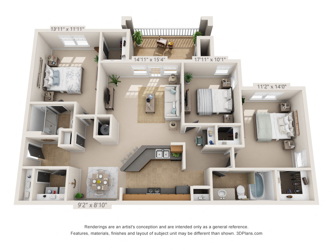 Floor plan for 3 beds, 2 baths, 1327 sqft